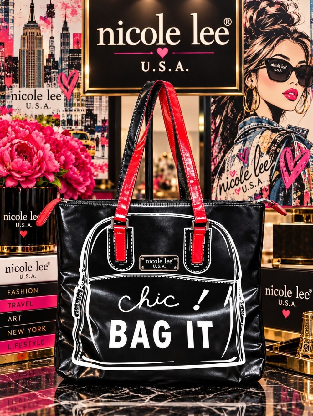 Nicole Lee Blacl/Red/White Chic! 'Bag It' Tote In EUC